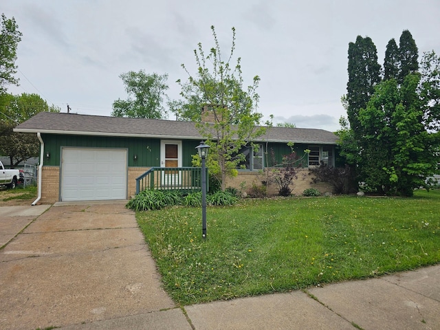 ranch-style house featuring brick siding, a front yard, a chimney, concrete driveway, and a garage