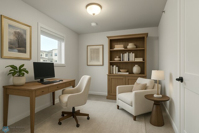 office with baseboards and light carpet