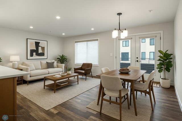 dining space featuring dark wood finished floors, baseboards, and recessed lighting