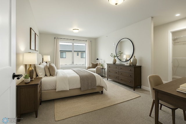 carpeted bedroom with baseboards and recessed lighting