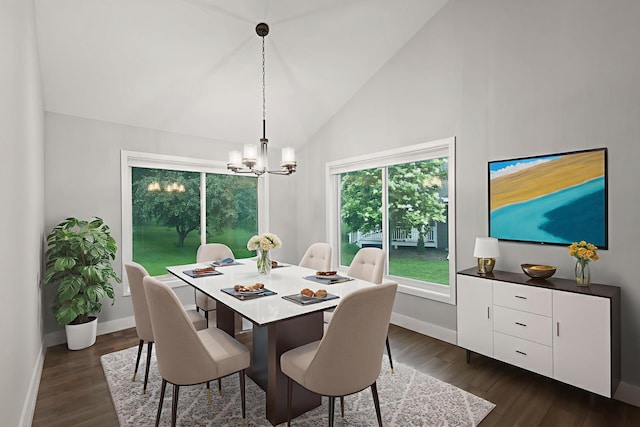 6360 Teton Ln, Chanhassen, MN 55317 - dining space with a chandelier, dark wood-style flooring, and high vaulted ceiling