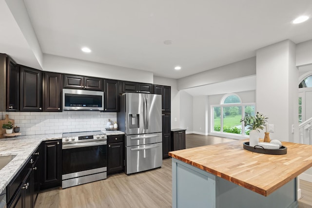 6360 Teton Ln, Chanhassen, MN 55317 - kitchen featuring stainless steel appliances, light wood-style floors, backsplash, and recessed lighting