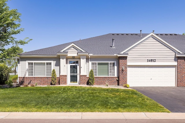 14012 54th Ave N Unit 4, Plymouth, MN 55446 - view of front of home with brick siding, asphalt driveway, a front lawn, an attached garage, and roof with shingles