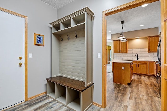 14012 54th Ave N Unit 4, Plymouth, MN 55446 - mudroom featuring a textured ceiling, wood finished floors, a sink, baseboards, and recessed lighting