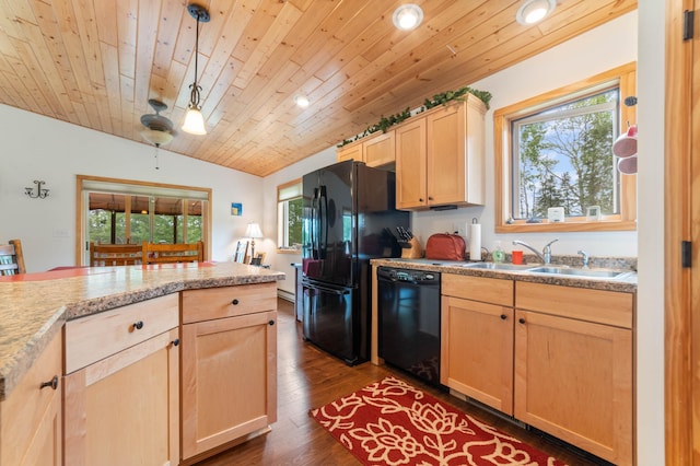 kitchen with light brown cabinets, black appliances, wooden ceiling, a sink, and a wealth of natural light