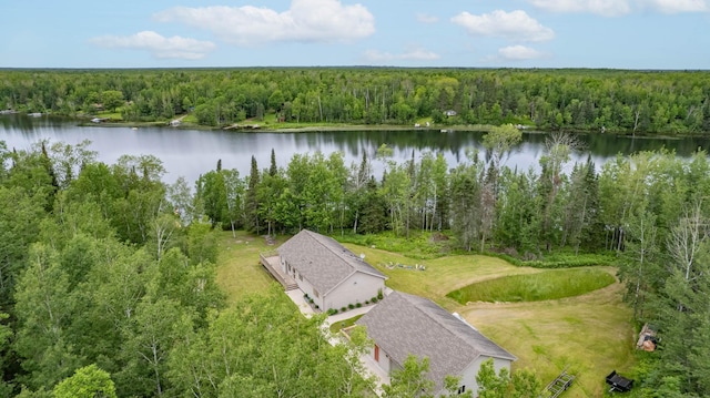 birds eye view of property featuring a water view and a forest view