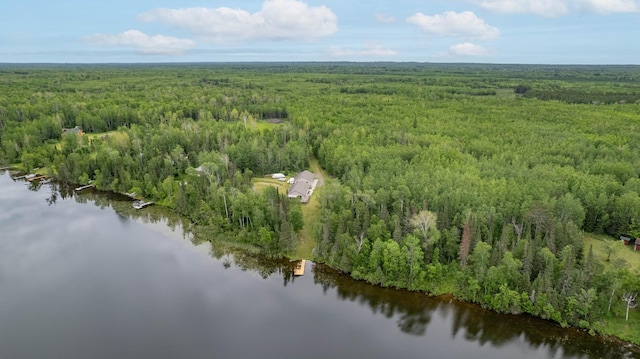 drone / aerial view featuring a water view and a forest view