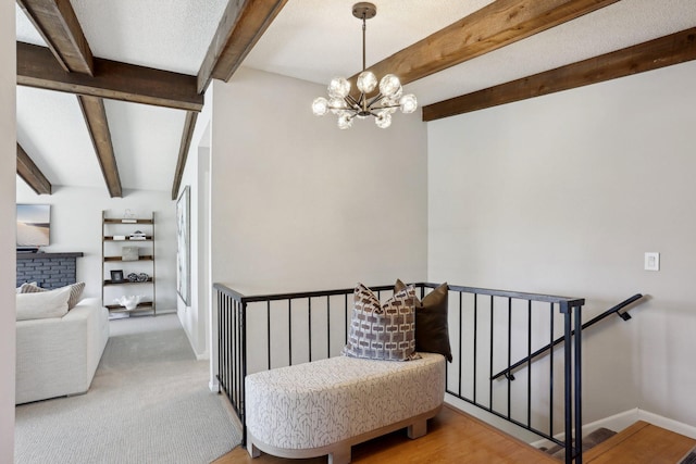 17725 26th Ave N, Plymouth, MN 55447 - living area with a chandelier, beamed ceiling, an upstairs landing, and baseboards