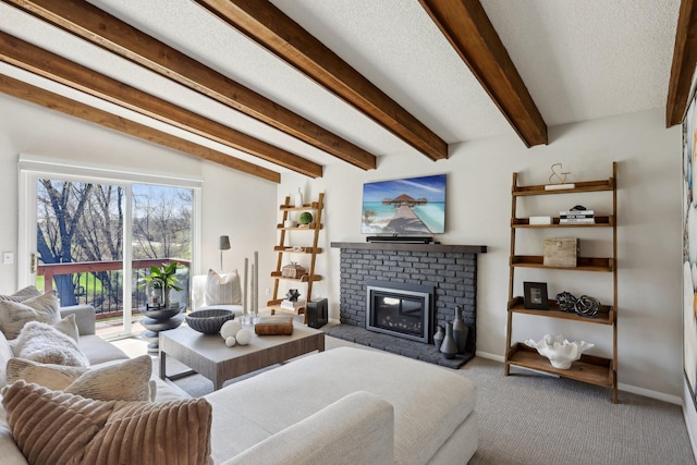 17725 26th Ave N, Plymouth, MN 55447 - living room featuring a fireplace, a textured ceiling, carpet, baseboards, and beamed ceiling