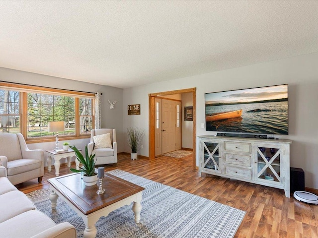 14898 Lynndale Ln, Baxter, MN 56425 - living room featuring a textured ceiling, wood finished floors, and baseboards