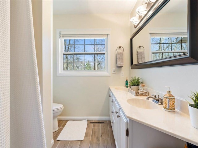 14898 Lynndale Ln, Baxter, MN 56425 - full bath featuring double vanity, wood finished floors, toilet, and baseboards