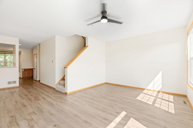 5030 Yuma Ln N, Plymouth, MN 55446 - unfurnished living room with light wood-style flooring, stairs, ceiling fan, and baseboards