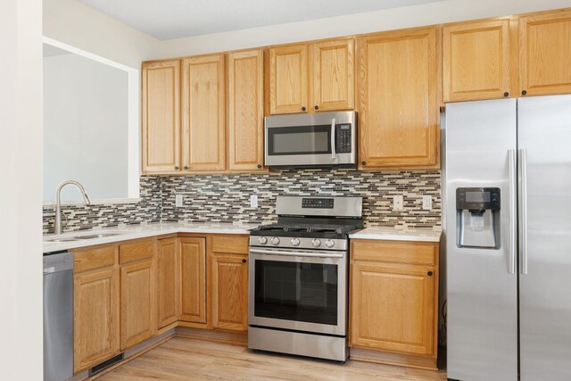 5030 Yuma Ln N, Plymouth, MN 55446 - kitchen featuring appliances with stainless steel finishes, a sink, light countertops, decorative backsplash, and light wood-style floors