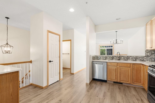 5030 Yuma Ln N, Plymouth, MN 55446 - kitchen featuring appliances with stainless steel finishes, a chandelier, a sink, light wood finished floors, and recessed lighting