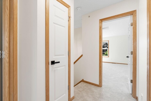 5030 Yuma Ln N, Plymouth, MN 55446 - hallway featuring light carpet, an upstairs landing, and baseboards