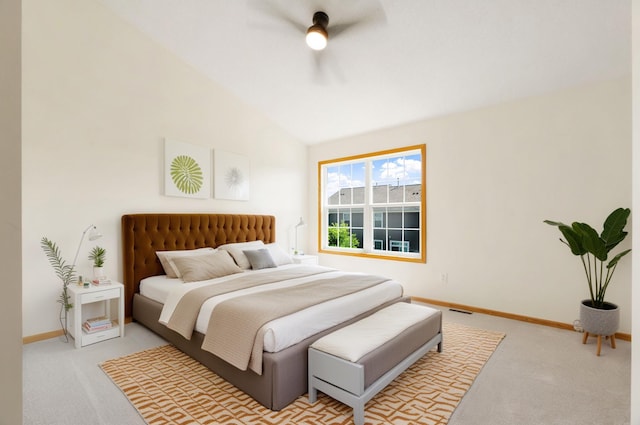 5030 Yuma Ln N, Plymouth, MN 55446 - bedroom with light colored carpet, baseboards, vaulted ceiling, and ceiling fan