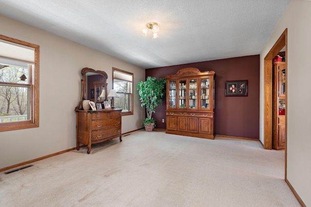 interior space featuring visible vents, a textured ceiling, baseboards, and light carpet