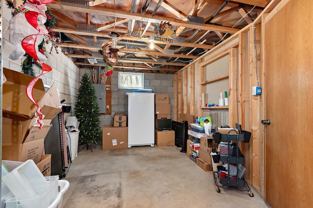 below grade area with concrete block wall and white fridge