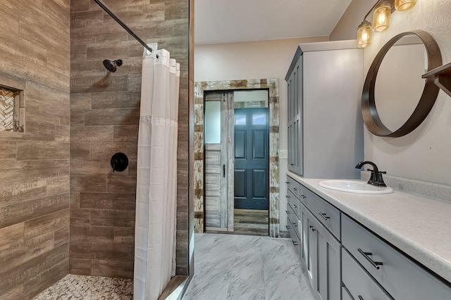 131 Norman Ave N, Foley, MN 56329 - full bath featuring vanity, a tile shower, and marble finish floor