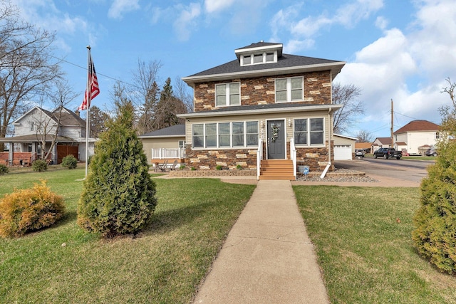 131 Norman Ave N, Foley, MN 56329 - american foursquare style home with a garage, stone siding, and a front lawn