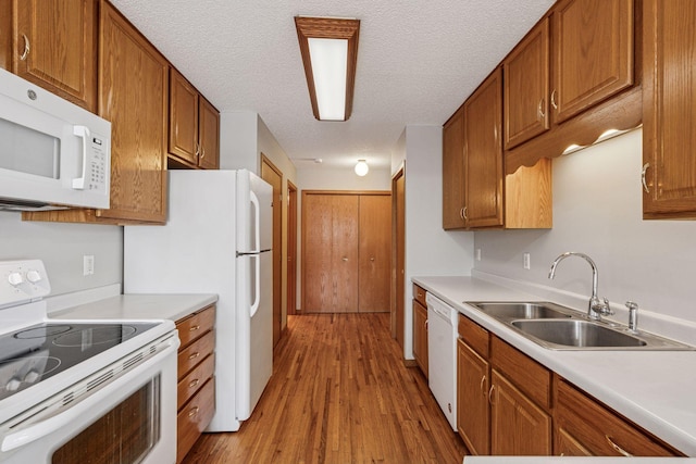 kitchen featuring white appliances, brown cabinetry, a sink, and light wood-style flooring