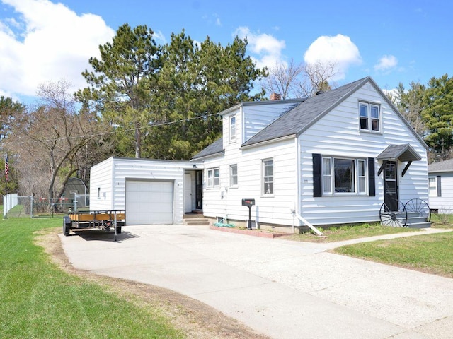 view of front of home with a shingled roof, a garage, a front yard, a chimney, and concrete driveway