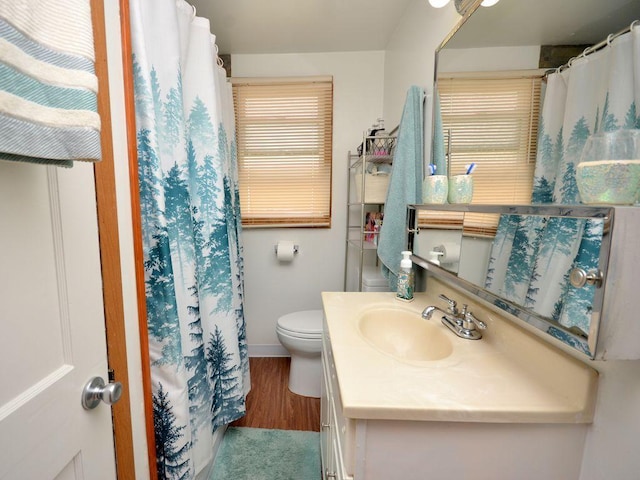 full bath featuring vanity, baseboards, wood finished floors, and toilet