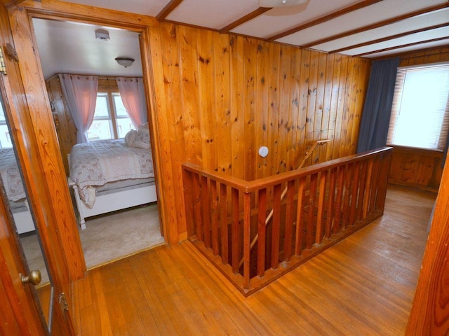 stairway with wooden walls and hardwood / wood-style floors