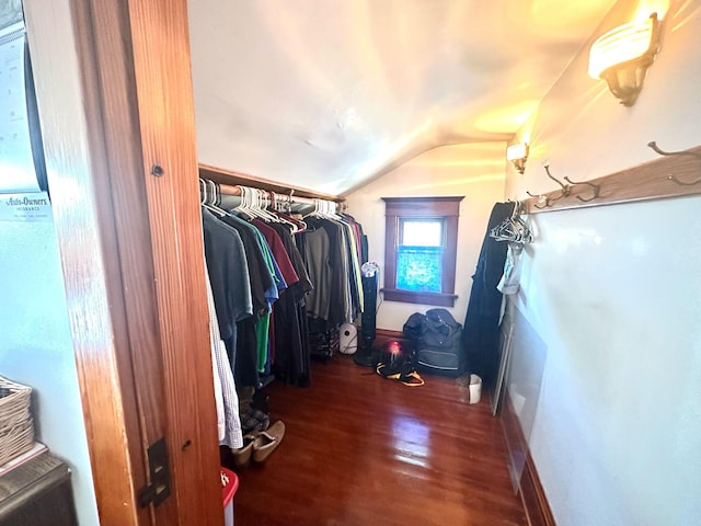 spacious closet with lofted ceiling and wood finished floors