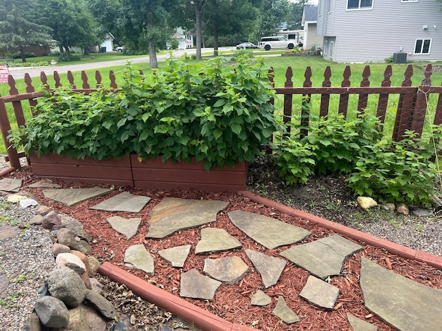 view of yard with fence and cooling unit