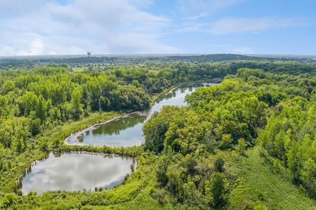 aerial view with a water view and a view of trees