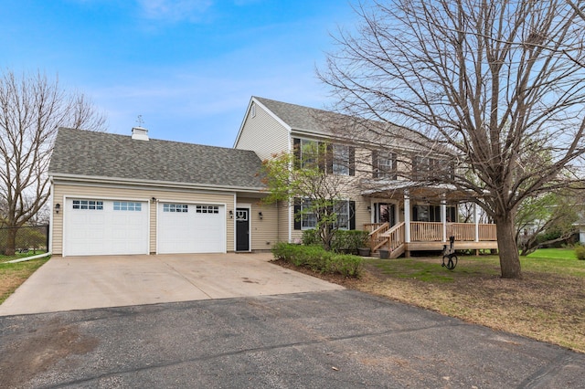 colonial inspired home with a garage, driveway, a chimney, and a shingled roof