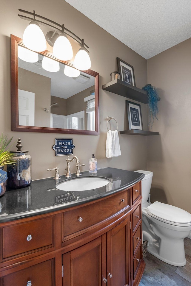 bathroom featuring vanity, toilet, and wood finished floors