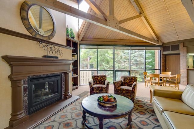 7200 York Ave S Unit 304, Edina, MN 55435 - living area featuring wood ceiling with exposed beams, a glass covered fireplace, carpet floors, and high vaulted ceiling