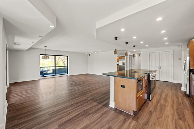 kitchen with stainless steel appliances, open floor plan, recessed lighting, and dark wood finished floors