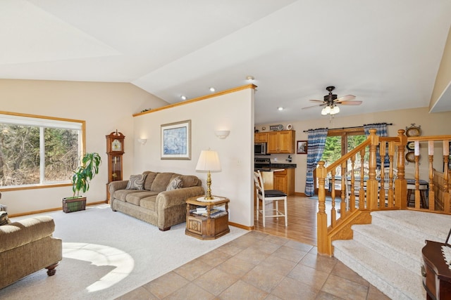 14580 30th St, Clear Lake, MN 55319 - living area featuring ceiling fan, lofted ceiling, and recessed lighting