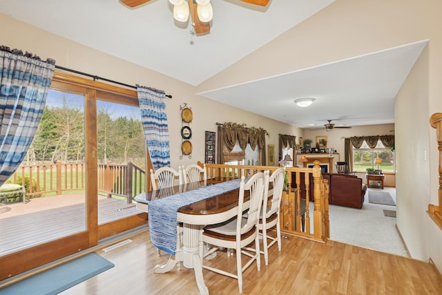 14580 30th St, Clear Lake, MN 55319 - dining area featuring a ceiling fan, wood finished floors, and vaulted ceiling