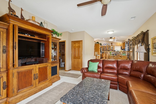 14580 30th St, Clear Lake, MN 55319 - living area featuring a ceiling fan, light carpet, and vaulted ceiling