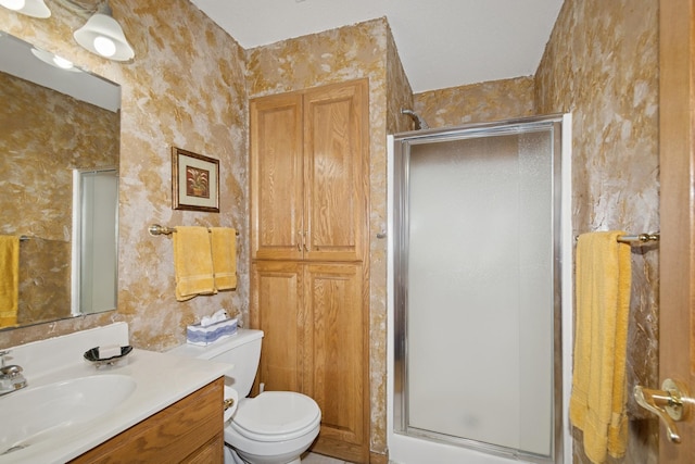 14580 30th St, Clear Lake, MN 55319 - full bath featuring a shower stall, vanity, and wallpapered walls