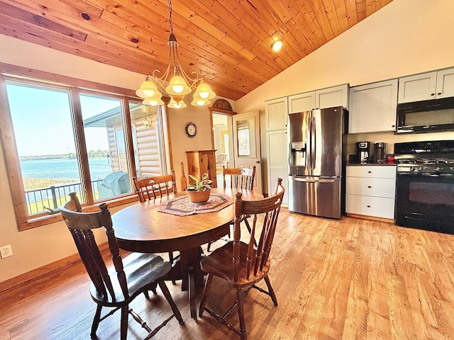 dining space with lofted ceiling, a chandelier, light wood finished floors, wooden ceiling, and baseboards