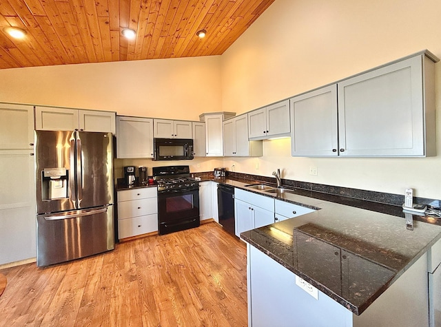 kitchen featuring black appliances, a sink, high vaulted ceiling, dark stone counters, and wood ceiling