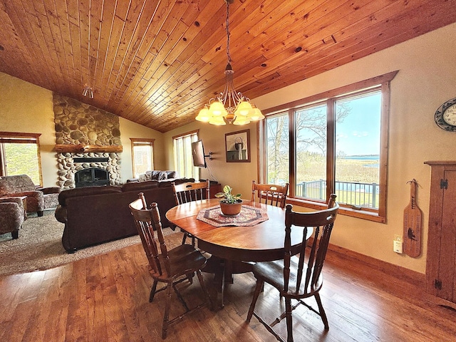 dining area featuring wood-type flooring, vaulted ceiling, a chandelier, healthy amount of natural light, and wood ceiling