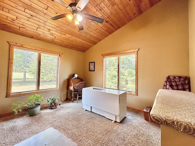 home office with healthy amount of natural light, carpet flooring, lofted ceiling, baseboards, and wooden ceiling