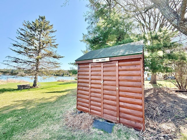 view of shed featuring a water view