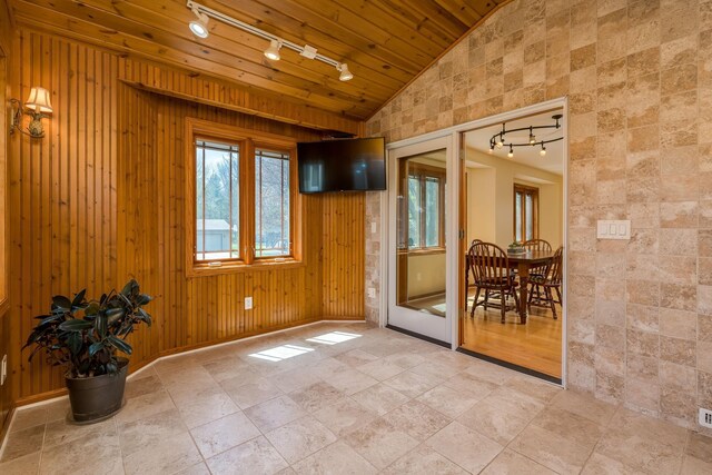 2324 Fair St, Mankato, MN 56001 - interior space featuring wood ceiling, wood walls, rail lighting, and lofted ceiling