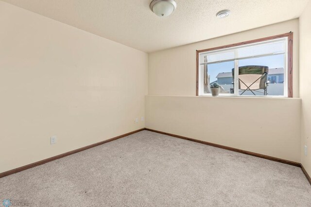 spare room with carpet floors, a textured ceiling, and baseboards