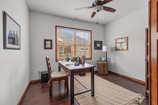 office area featuring a ceiling fan, baseboards, visible vents, and wood finished floors