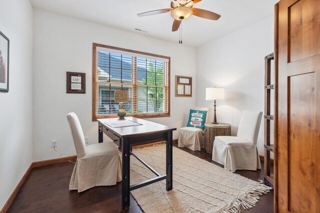 7466 Fairway Ln, Breezy Point, MN 56472 - home office with ceiling fan and dark wood-type flooring