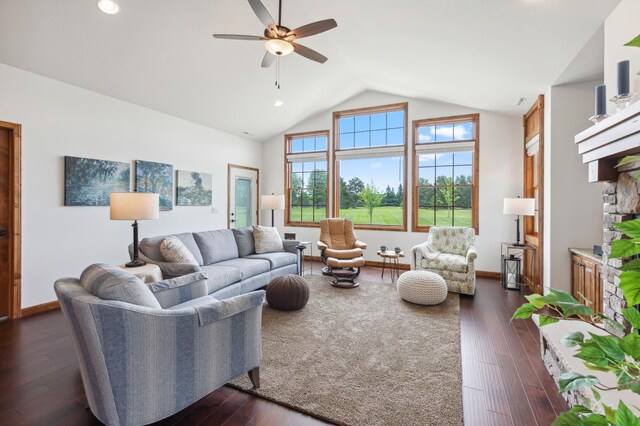 7466 Fairway Ln, Breezy Point, MN 56472 - living area with ceiling fan, dark wood-type flooring, high vaulted ceiling, a fireplace, and recessed lighting