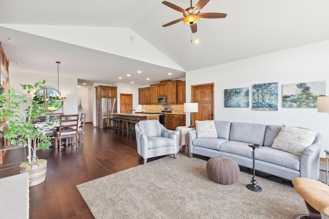 7466 Fairway Ln, Breezy Point, MN 56472 - living room featuring ceiling fan, a chandelier, recessed lighting, dark wood-style floors, and high vaulted ceiling